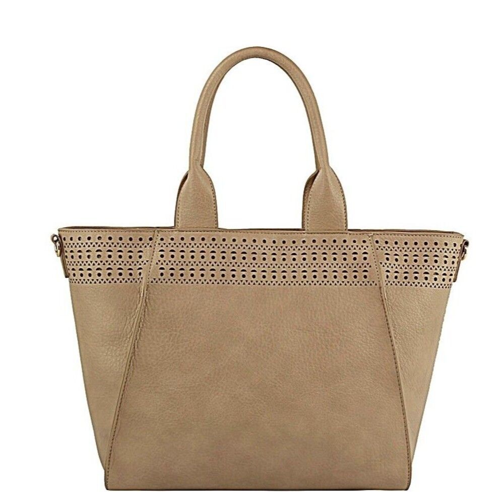Women's Large Beige Laser-Cut Tote With Detachable Strap